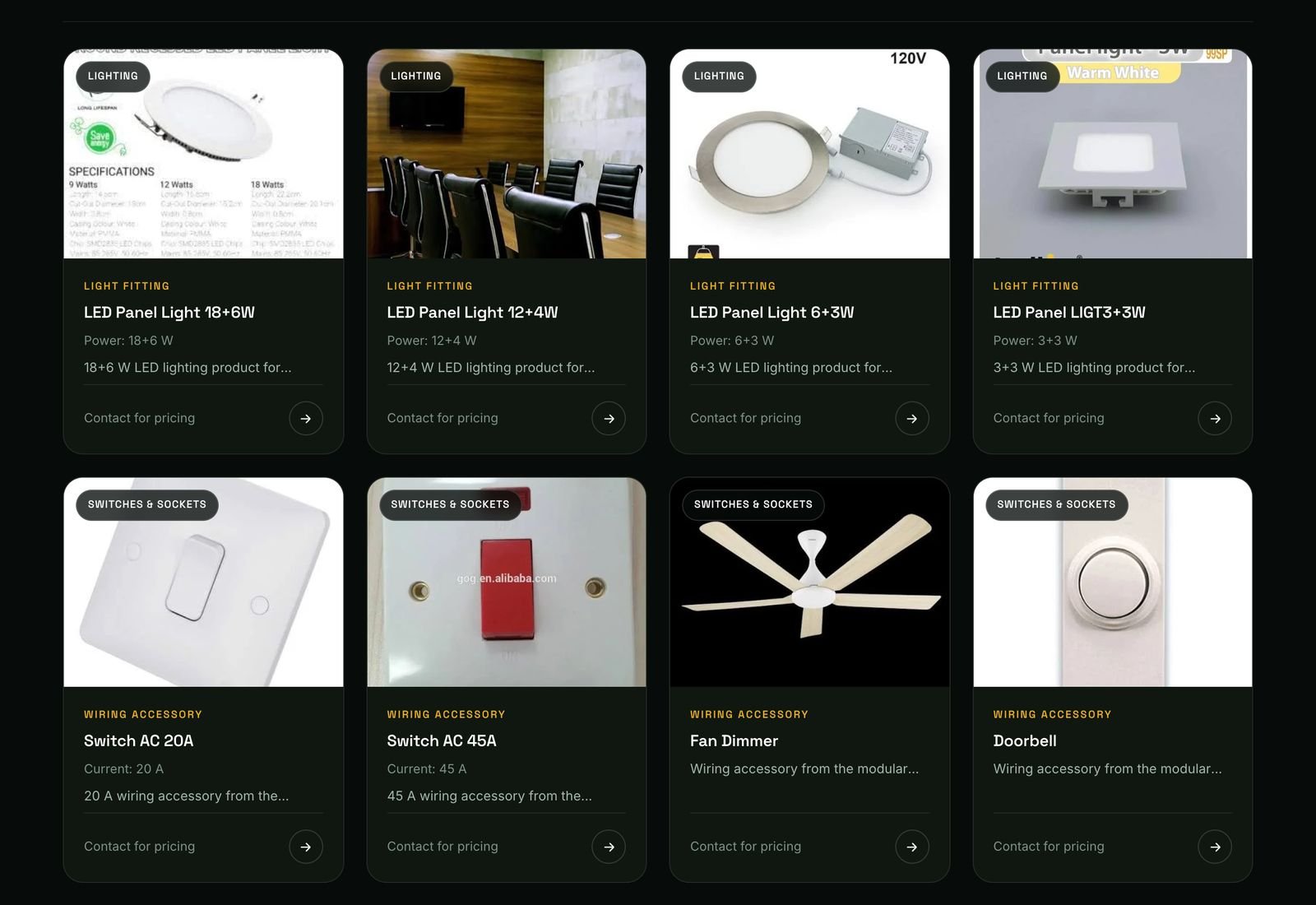 Product cards with specs